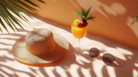 A vibrant summer scene featuring a refreshing tropical drink, stylish sunglasses, and a sunhat, perfect for evoking relaxation and sunny vacations.の素材