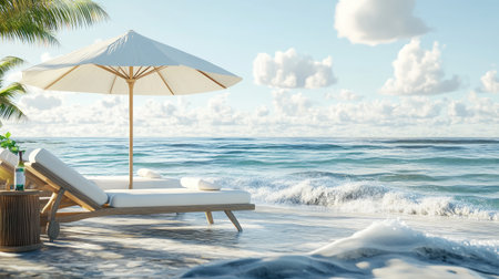 A serene beach scene featuring a sun lounger under an umbrella, with gentle waves lapping on the shore. Ideal for relaxation or vacation themes.の素材