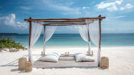 Experience tranquility in this beachside canopy, featuring soft cushions and a stunning ocean view. Perfect for relaxation, vacations, and outdoor escapes.の素材