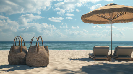 A tranquil beach scene featuring two woven bags, a sun umbrella, and lounge chairs under a bright sky. Perfect for summer vacation themes.の素材