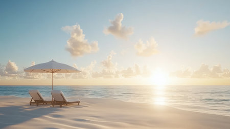 A serene beach scene featuring two sun loungers under a white umbrella, with the sun rising over a tranquil ocean, creating a perfect relaxation spot.の素材