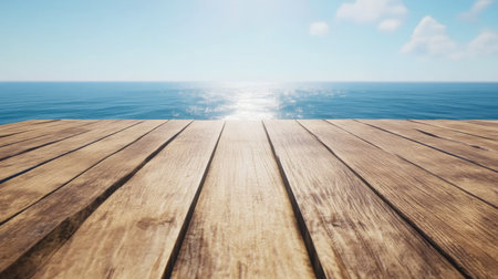 A serene seaside view featuring a wooden deck overlooking a calm ocean. The sun reflects on the water, creating a peaceful atmosphere perfect for relaxation.の素材