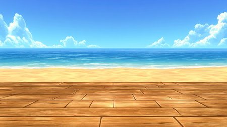 A stunning beach scene featuring a clear blue sky and gentle waves lapping against a golden sand shore. This serene environment invites relaxation and escape.の素材