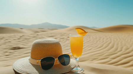 A stylish summer hat and a refreshing cocktail await on a sun-kissed desert landscape, creating a serene atmosphere for relaxation and enjoyment.の素材