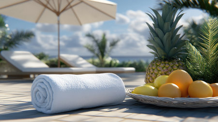 A serene poolside scene featuring a white towel, vibrant fruits, and lush greenery, perfect for relaxation and summer vibes.の素材