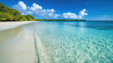 Discover the tranquility of a serene tropical beach featuring clear turquoise water and soft white sand under a bright blue sky. Enjoy the peaceful atmosphere.の素材