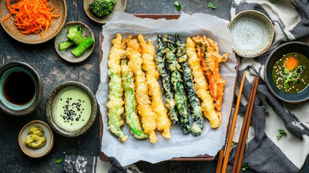 A vibrant display of freshly fried vegetable tempura served with a variety of dipping sauces, garnished with herbs and spices, ideal for culinary enthusiasts.の素材