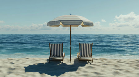 A serene beach scene showcasing two striped chairs under an umbrella, perfect for relaxation. The calm ocean and clear sky create an idyllic summer backdrop.の素材