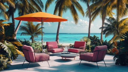 A vibrant tropical garden scene featuring colorful lounge chairs and a large yellow umbrella. Perfect for relaxation by the beach with stunning ocean views.の素材