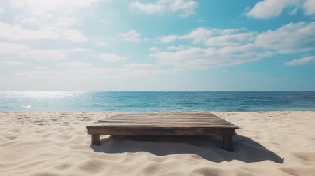 A serene wooden platform rests on a sandy beach, overlooking the tranquil ocean under a bright blue sky with scattered clouds, perfect for relaxation and escape.の素材