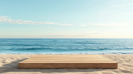 A serene beach scene featuring a wooden platform on soft sand with a calm ocean and clear sky in the background, perfect for relaxation and inspiration.の素材