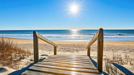 A picturesque wooden pathway leads to a serene beach with gentle waves, inviting relaxation. Sunlight sparkles on the water, creating a tranquil atmosphere.の素材