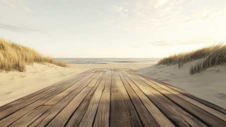 A serene wooden path stretches through golden sand and tall grass, leading to a calm beach and tranquil sea under a clear sky, perfect for relaxation.の素材