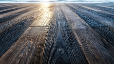 A detailed close-up of beautiful wooden flooring illuminated by warm natural light, showcasing rich textures and patterns, perfect for interior design or natural-themed projects.の素材