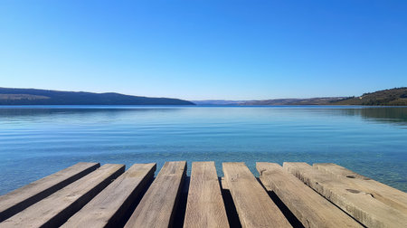 A peaceful wooden dock stretches over a tranquil blue lake under a clear sky. This serene landscape invites relaxation and exploration in natureの素材