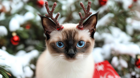 An adorable cat with antlers poses cutely amidst festive Christmas decorations and snow, capturing the essence of holiday cheer and winter joy.の素材