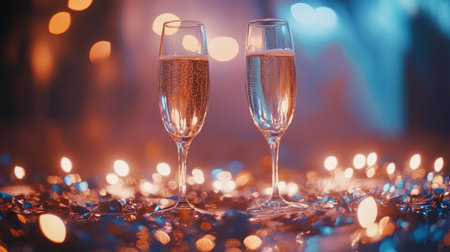 Two elegant sparkling glasses filled with champagne are set against a dreamy bokeh background, creating a warm and romantic atmosphere perfect for celebrations.の素材