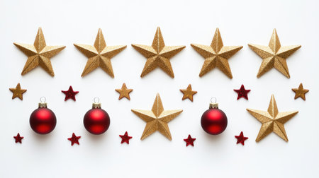 This captivating festive arrangement features glittering gold stars and vibrant red ornaments. Ideal for Christmas themes, it enhances holiday joy and warmth.の素材