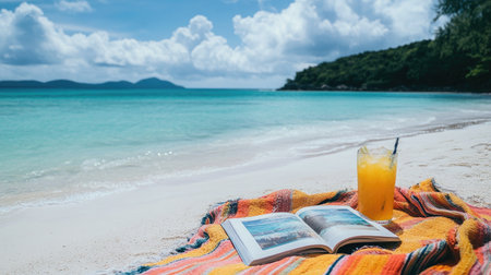 Enjoy a serene beach scene featuring an open book and a refreshing drink on a vibrant blanket, capturing the essence of relaxation and paradise.の素材
