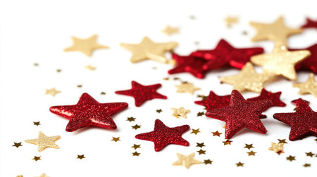 A charming arrangement of red and gold star confetti scattered on a white background, perfect for enhancing any festive celebration or event.の素材