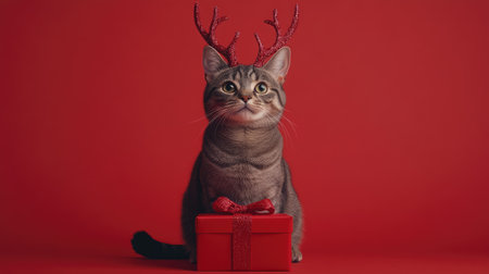A playful cat adorned with sparkling antlers sits beside a vibrant red gift box, creating a festive and joyful atmosphere perfect for holiday celebrations.の素材