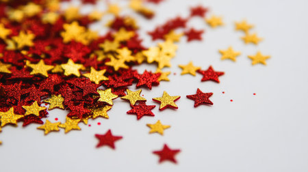 Colorful confetti featuring red and gold stars adds a festive touch to any celebration, perfect for parties, events, and creative projects.の素材