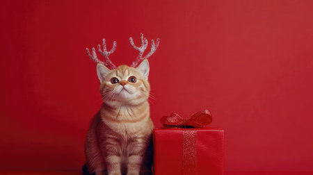 This charming orange cat, adorned with sparkling antlers, sits beside a beautifully wrapped gift on a vibrant red backdrop, capturing the essence of holiday spirit.の素材