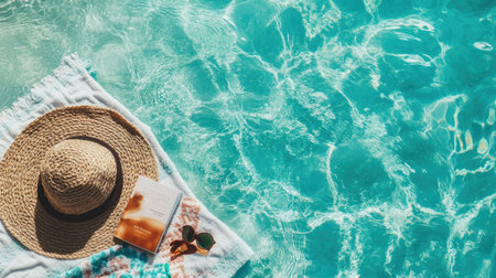 Enjoy a serene summer scene featuring a straw hat, a book, and a towel by a sparkling turquoise pool. Perfect ambiance for relaxation and leisure.の素材