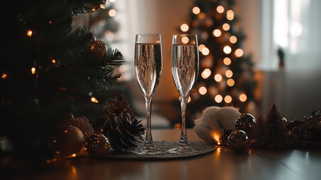 Two elegant champagne glasses shine against a beautifully decorated Christmas tree. The warm lights and festive decorations create a magical holiday ambiance.の素材