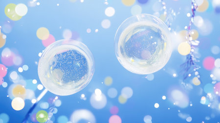 This image features two translucent bubbles floating gracefully in a soft blue background adorned with colorful bokeh lights, creating a whimsical and festive atmosphere.の素材