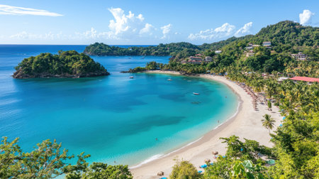 A breathtaking view of a serene tropical beach featuring clear blue water, lush green hills, and a vibrant coastline, ideal for relaxation and escape.の素材
