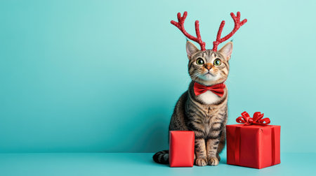 A charming cat wearing festive antlers and a bowtie sits beside colorful gifts, creating a playful holiday scene against a bright blue background.の素材