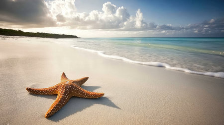 A vibrant starfish rests on a sandy beach, with gentle waves lapping at the shore. The blue ocean meets a cloudy sky, creating a serene atmosphere.の素材