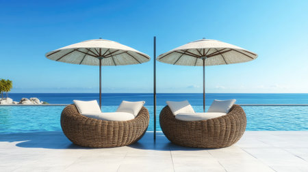 Enjoy a tranquil poolside scene featuring cozy loungers under stylish umbrellas. The serene ocean view enhances relaxation and the summer vibe.の素材