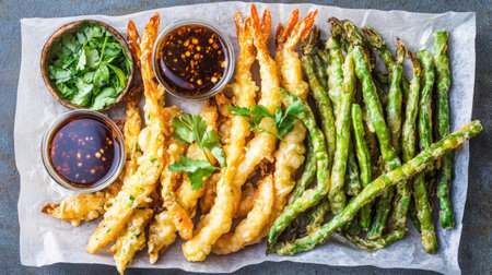 A delicious array of crispy tempura shrimp and asparagus, served with flavorful dipping sauces. Perfect for sharing as an appetizer or a snack.の素材