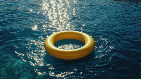 A bright yellow float ring gently bobbles on the shimmering water, reflecting sunlight. This scene captures the essence of summer relaxation and fun, perfect for vacation imagery.の素材