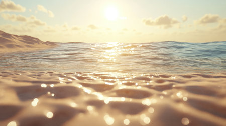 A tranquil beach scene featuring gentle waves lapping at soft sand under warm sunlight. The serene atmosphere invites relaxation and contemplation.の素材