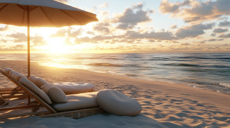 A beautiful beach scene featuring lounge chairs and an umbrella at sunset. The gentle waves and colorful sky create a tranquil atmosphere perfect for relaxation and escape.の素材