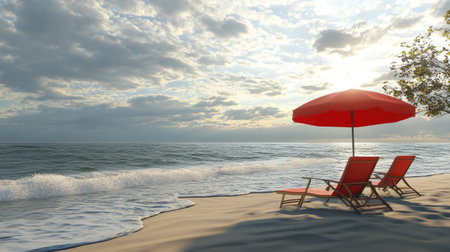 Experience the tranquility of a beach scene featuring a vibrant red umbrella and lounge chairs, with gentle waves lapping at the shore under a picturesque sunset.の素材
