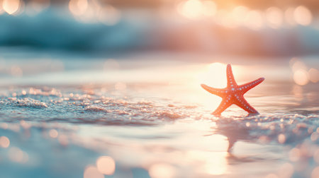 A vibrant red starfish rests on the soft sand as gentle ocean waves lap nearby. The warm sunset light creates a serene and peaceful scene perfect for beach lovers.の素材