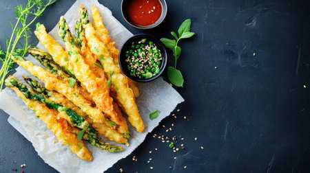 Delight in crispy tempura asparagus sticks served with a rich dipping sauce. Perfect as an appetizer or snack, these savory delights are beautifully plated.の素材