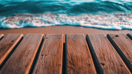 A close-up view of wooden planks along a sandy beach, capturing the gentle ocean waves lapping at the shore. This image evokes feelings of tranquility and relaxation amidst nature's beauty.の素材