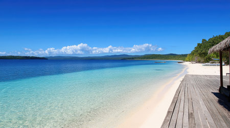 Experience the beauty of a serene tropical beach with clear blue waters, soft sandy shores, and stunning natural landscapes that evoke relaxation and peace.の素材