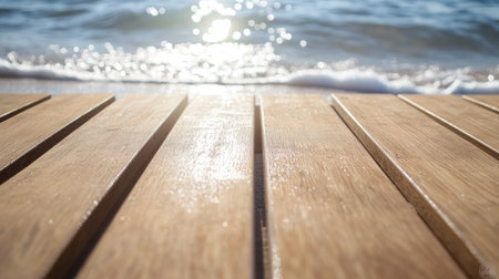 A close-up view of a wooden deck with sunlit ocean waves in the background, evoking feelings of tranquility and relaxation. Ideal for beach-themed projects.の素材