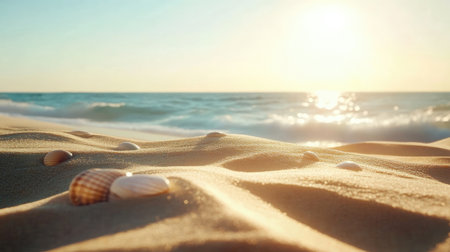 Experience the tranquility of a sandy beach at sunset, adorned with delicate seashells. This serene coastal scene captures nature's beauty and the calming ocean waves.の素材