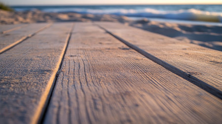 A detailed close-up view of weathered wooden planks on a beach, capturing the warm glow of the sunset. This tranquil scene evokes feelings of relaxation and nature.の素材
