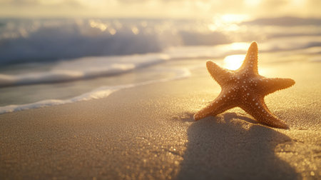A vibrant starfish rests on the sandy beach, illuminated by a golden sunset. Gentle waves lap at the shore, creating a peaceful and serene atmosphere.の素材