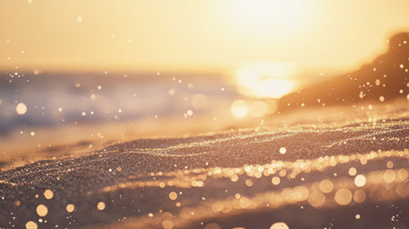 A beautiful beach scene captures sparkling droplets on sand with soft sunlight reflecting off gentle waves, creating a serene and warm atmosphere perfect for relaxation.の素材