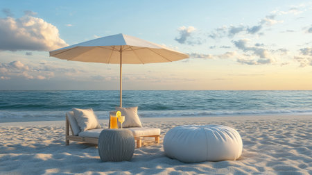 A serene beach setting featuring a comfortable lounge with an umbrella and refreshing drink, ideal for relaxation at sunset. Perfect for vacation themes.の素材
