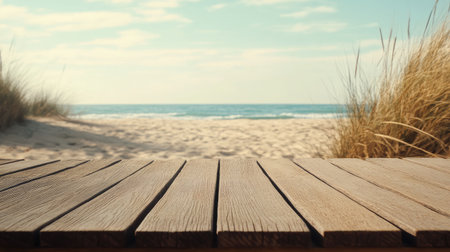 A serene view from a wooden deck overlooking a stunning beach with golden sand and gentle ocean waves, perfect for relaxation and escape.の素材